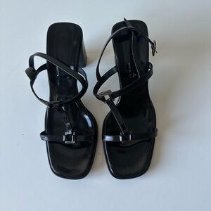Vintage 90's Via Spiga Black Patent Square Toe Block T Strap Heel Sandal